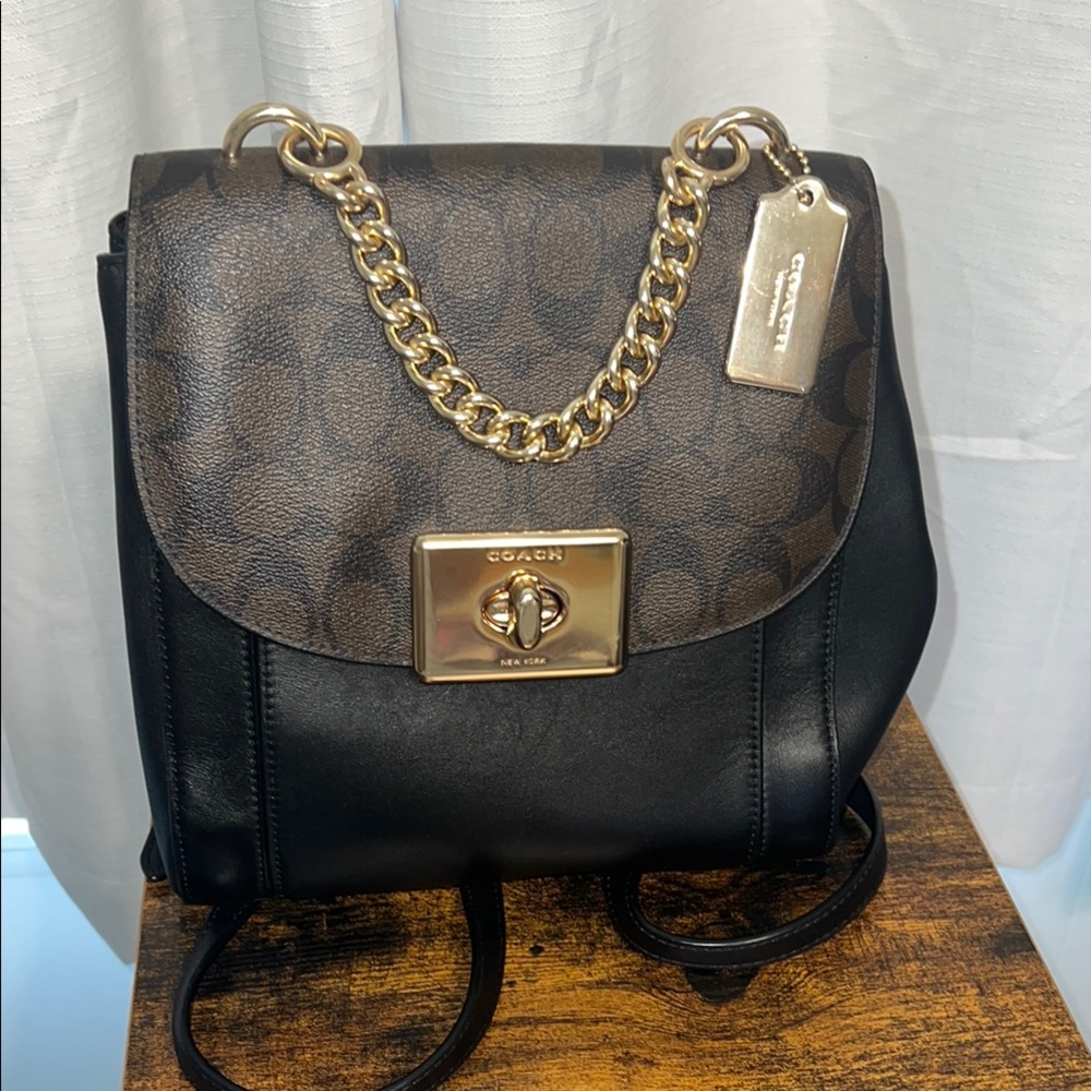 EUC Coach Black and Brown Backpack with Signature Style